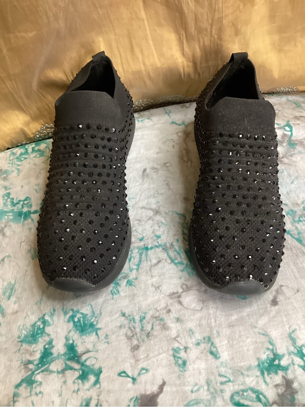 Blk Cameron Jewel Jogger Slip-On Knit Sock Sneakers w/ Glass Gem Studs EUC 9.5 - Picture 1 of 9